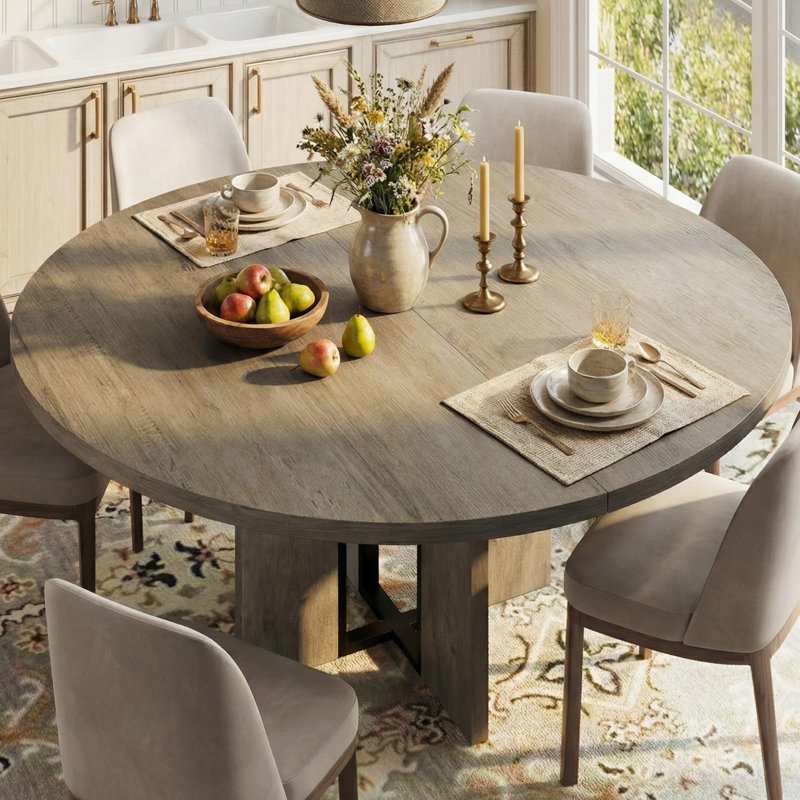 Table de salle à manger extensible, table de cuisine extensible de 47 po à 63 po avec pieds larges, base robuste, table de salle à manger de style campagne pour 4 à 8 personnes, gris rétro