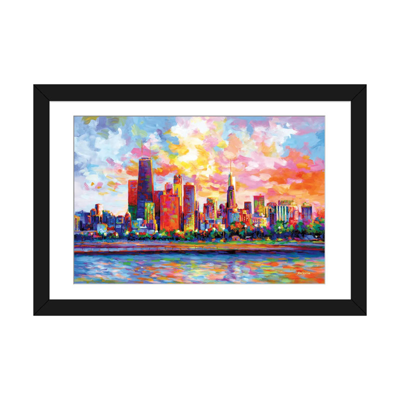 Chicago Skyline by Leon Devenice iCanvas, 16" H x 24" W x 1" D, Black Open Corner Frame Paper