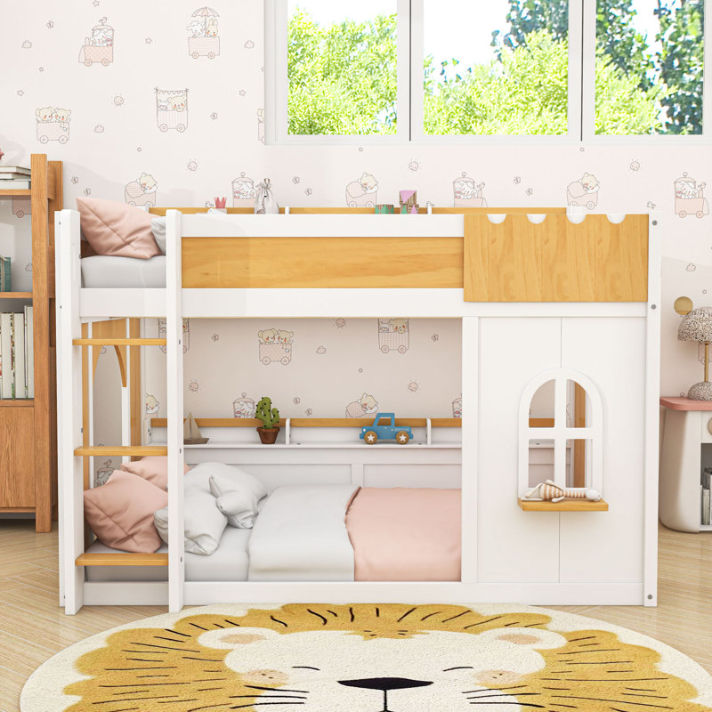 Wooden Bunk Bed with Built-In Storage Shelves, Ladder and Guardrails, Full Over Full