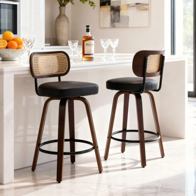 Modern Bar Stools Set Of 2, Adjustable 26 Inch Rattan Counter Height Stools With Cane Back，Swivel Counter Stools For Island/Kitchen/Counter/Bar