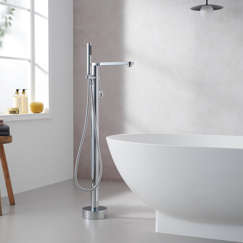 Allario Double Lever Handles Freestanding Floor Mounted Tub Filler with Handshower, Polished Chome