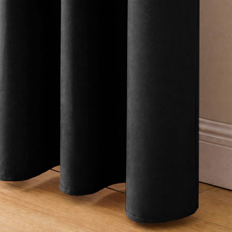 Heavy Velvet Eyelet Ready Made Thermal Drapes & Curtains, 168cm Width x 183cm Drop, Black