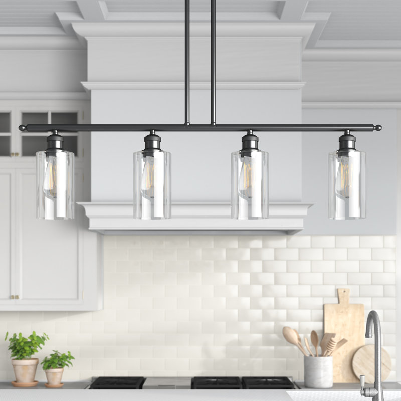 Luminaire suspendu pour îlot de cuisine 4 lumières Cloverdale, Transparent, DEL, Noir mat