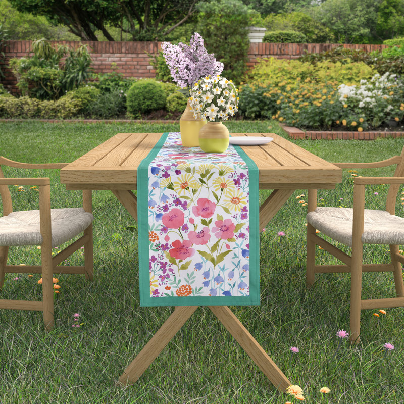 Floral Watercolor Polyester Table Runner with Green Border