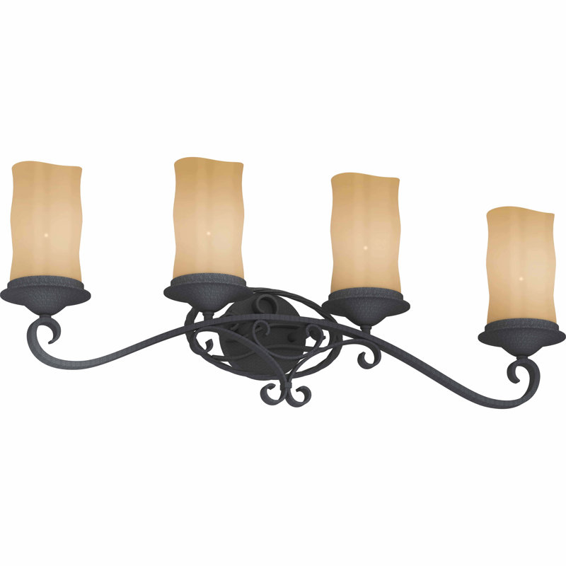 Support pour salle de bain ou meuble-lavabo mural antique en fer forgé à la main à 4 lumières avec abat-jour en verre grès en forme de bougie Sevilla