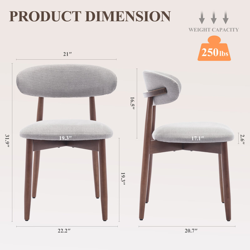 Upholstered Solid Wood Dining Chair, Curved Ergonomic Backrest, Modern Side Chair for Dining Room, Light Grey