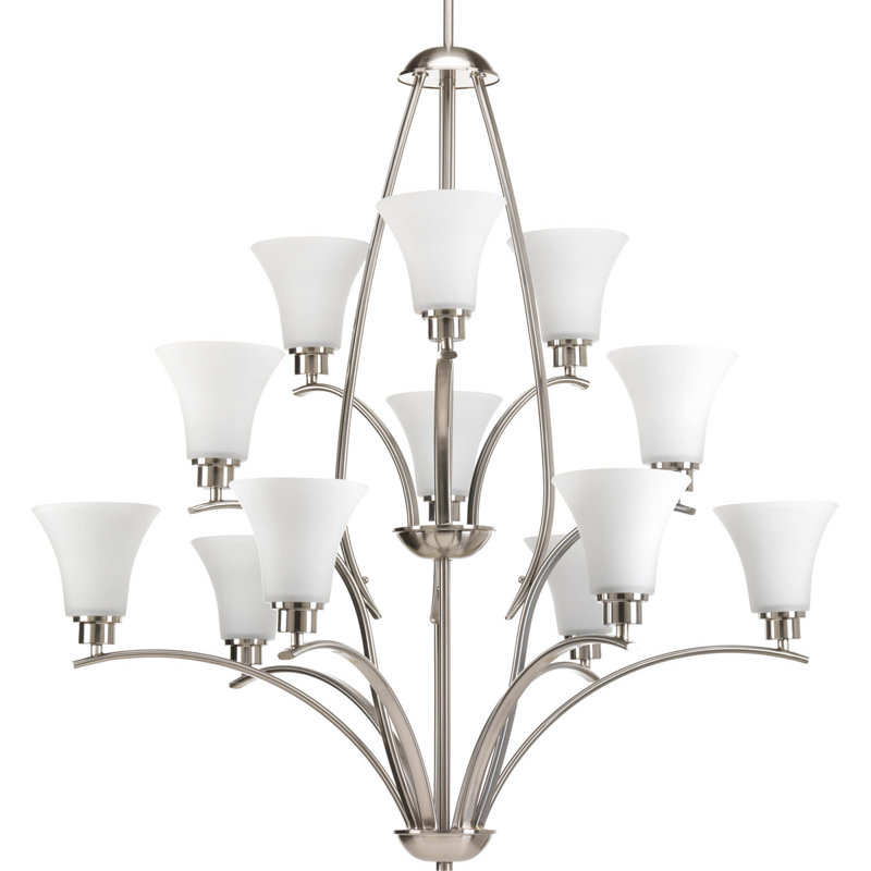 Lustre à niveaux avec abat-jour 12 lumières Jilliann, Nickel brossé