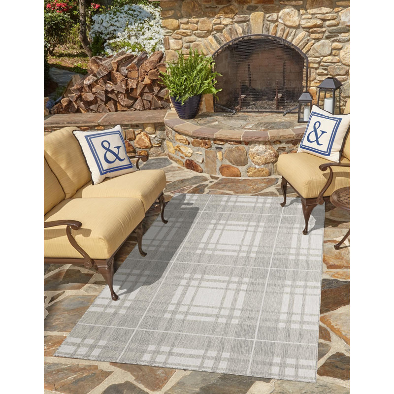 Indoor/Outdoor Outdoor Garden Plaid Area Rug Gray Color, Rectangle 2' x 3'1"