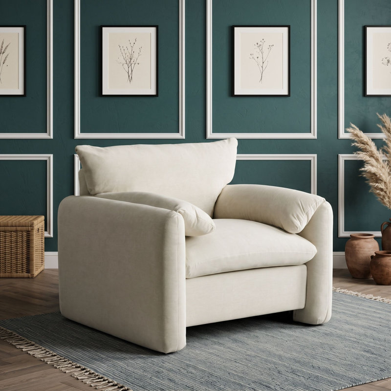 Fauteuil d'appoint surdimensionné en chenille avec dossier incurvé et larges accoudoirs souples, Crème