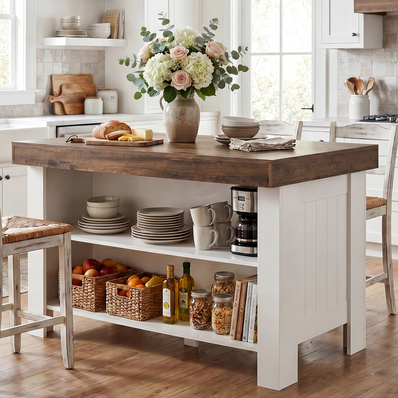 Wood Kitchen Island With Storage Shelf, 55.12" Farmhouse Kitchen Prep Table For Dining Room, Brown/White