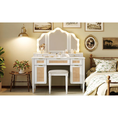 43.85" Vanity With 13 - Style Led Lights, 3 Lighting Levels, Tri Fold Mirror, 5 Drawers And Shelves, Charging For Bedroom, Natural Appearance Makeup Dressing Desk Classic Modes, Storage Drawers,