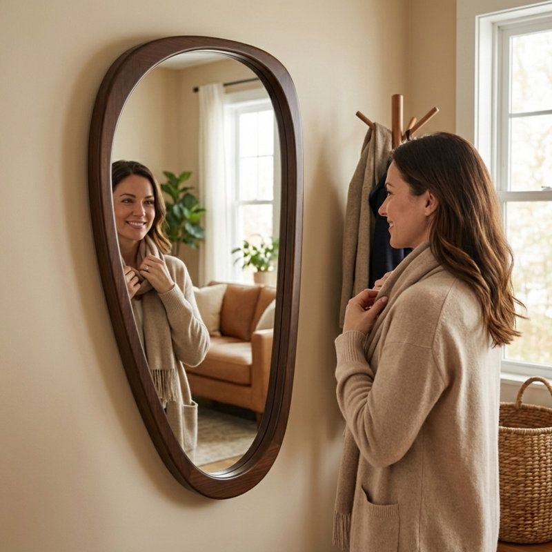 Solid Wood Asymmetrical Accent Mirror, Deep Walnut, 48" x 24"