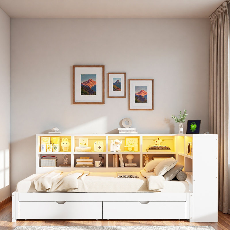 Lit de jour moderne avec 2 tiroirs de rangement, armoires de rangement, lumière DEL et ports USB, Blanc