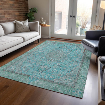 Machine Washable Indoor/Outdoor Claudian ACN1651 Aqua Rug
