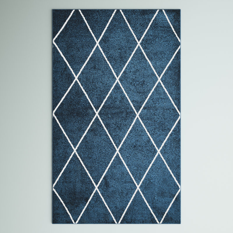 Bertrice Minimalist Diamond Trellis Navy/White Rug, Rectangle 3' x 5'