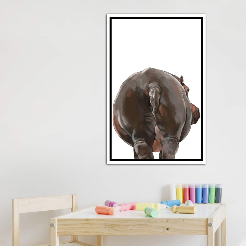 Art hippopotame, Toile blanche encadrée, H 60 po x l 40po x P 1,5 po