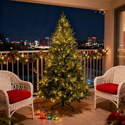 Arbre de Noël artificiel pré-éclairé 6,5 pi avec lumières incandescentes blanc chaud, support en métal pliable pour la décoration des Fêtes