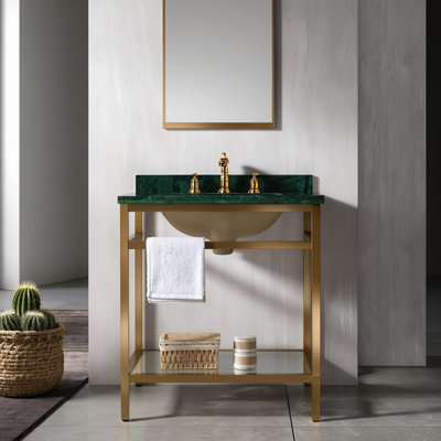 24" Green Marble Console Bathroom Vanity with Sink, Gold Stainless Steel Frame and Glass Storage Shelf