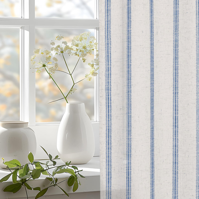 Farmhouse Kitchen Curtains Striped Tier Linen Short Curtains Pinstripe Cafe Curtains, 26" W x 36" L, Navy Stripe/Light Linen