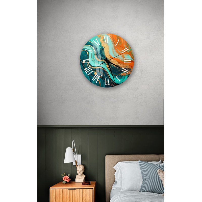 Horloge murale moderne abstraite sarcelle, orange et or tourbillon encre en verre trempé silencieux, Blanc