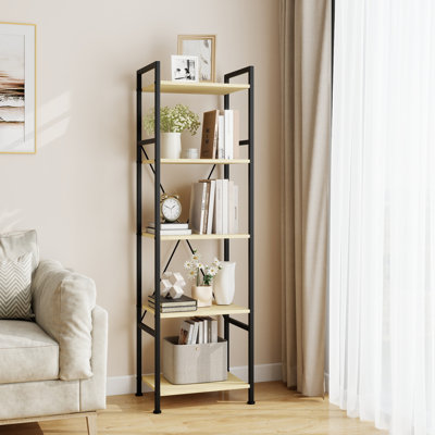 5-Tier Industrial Etagere Bookcase, 59.6"H Open Display Storage Shelves, Natural Oak