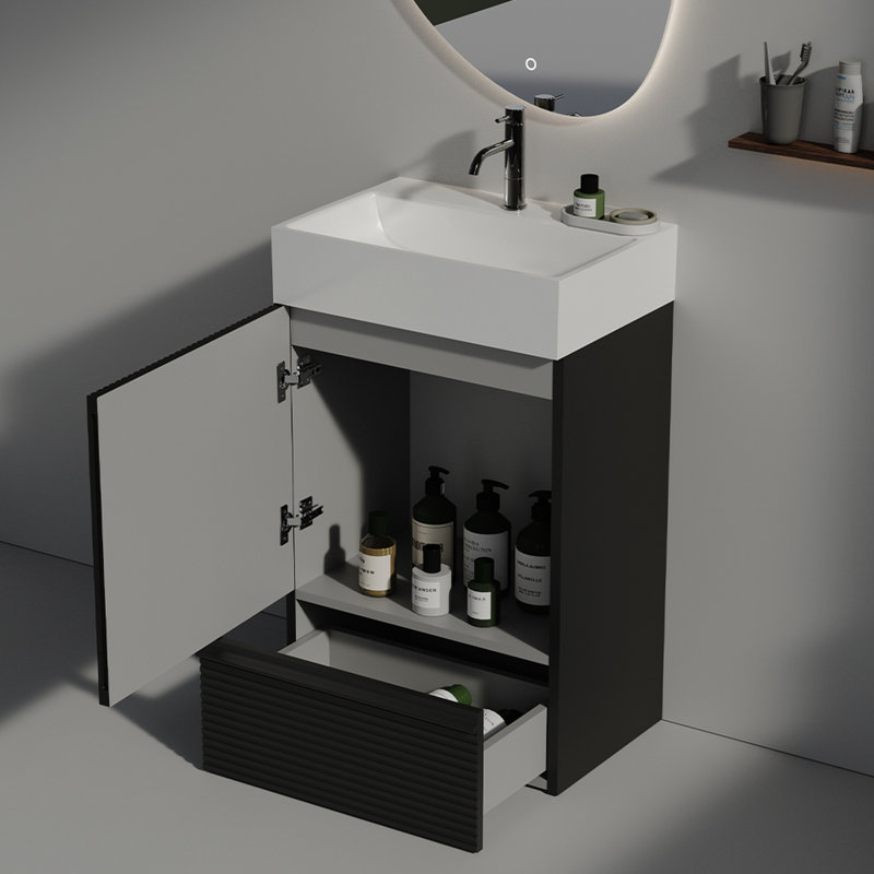 Meuble-lavabo autoportant avec lavabo en céramique et grand tiroir, Noir