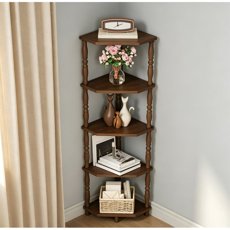 Corner Shelf, 5-Tier Corner Bookshelf, Storage Bookcase, Steel Frame Display Stand for Living Room, Bedroom, Walnut