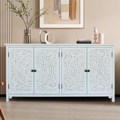 Buffet 60 po en bois rustique, commode décorative à 4 portes pour l'organisation de la maison, finition peinte, armoire de rangement haute et antique blanc