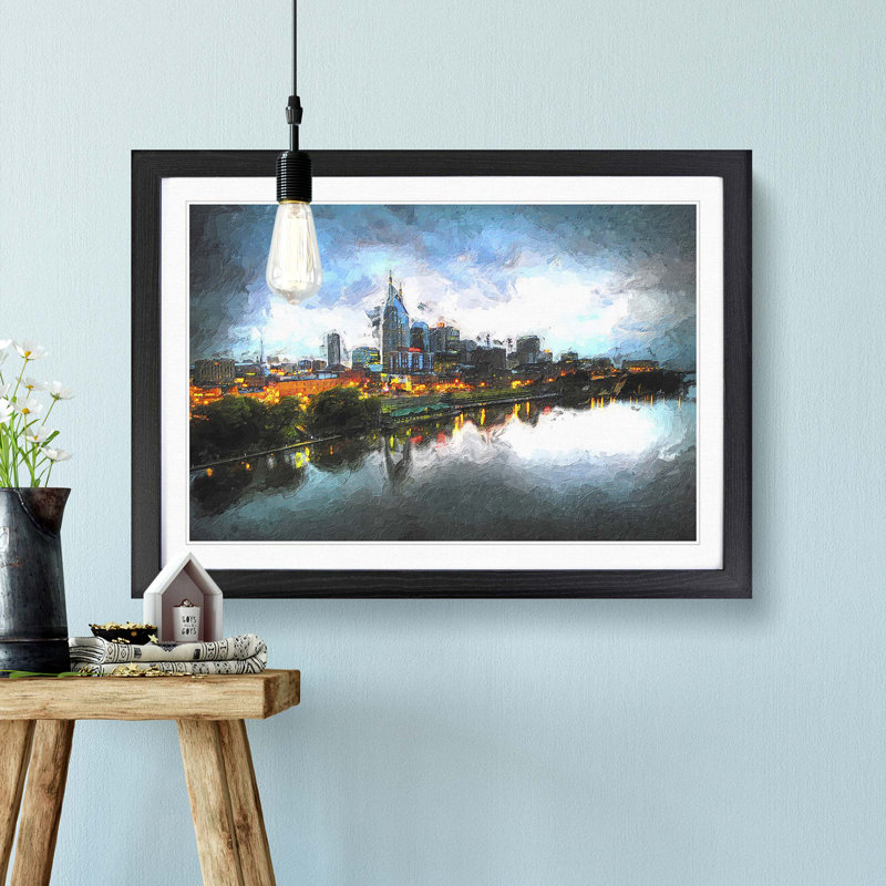 Nashville Tennessee Skyline at Night - Framed Print, 48cm H x 65cm W x 2cm D, Black Framed