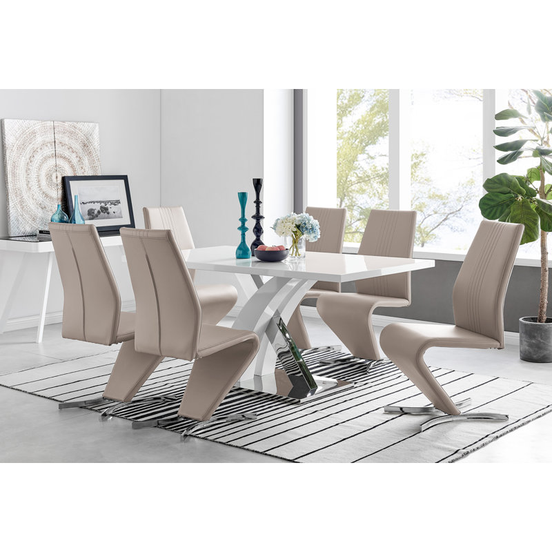Edzard Chrome & White High Gloss Dining Table Set with 6 Luxury Faux Leather Dining Chairs, Cappuccino Gray