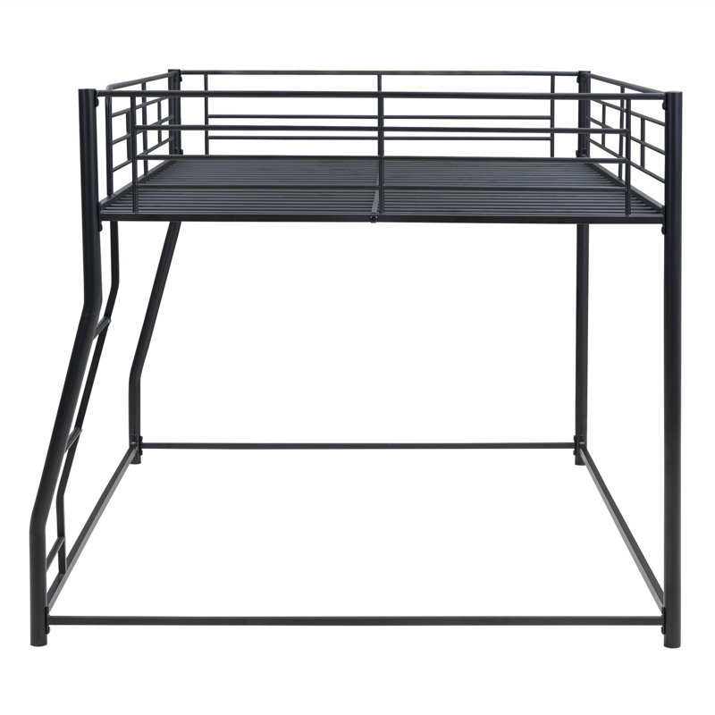 Black Metal Bunk Bed Full over Queen, Space-Saving Floor Bunk Bed with Inclined Ladder