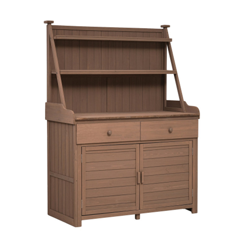 Banc de jardin, poste de travail avec tablette de rangement, tiroir et armoire, Brun