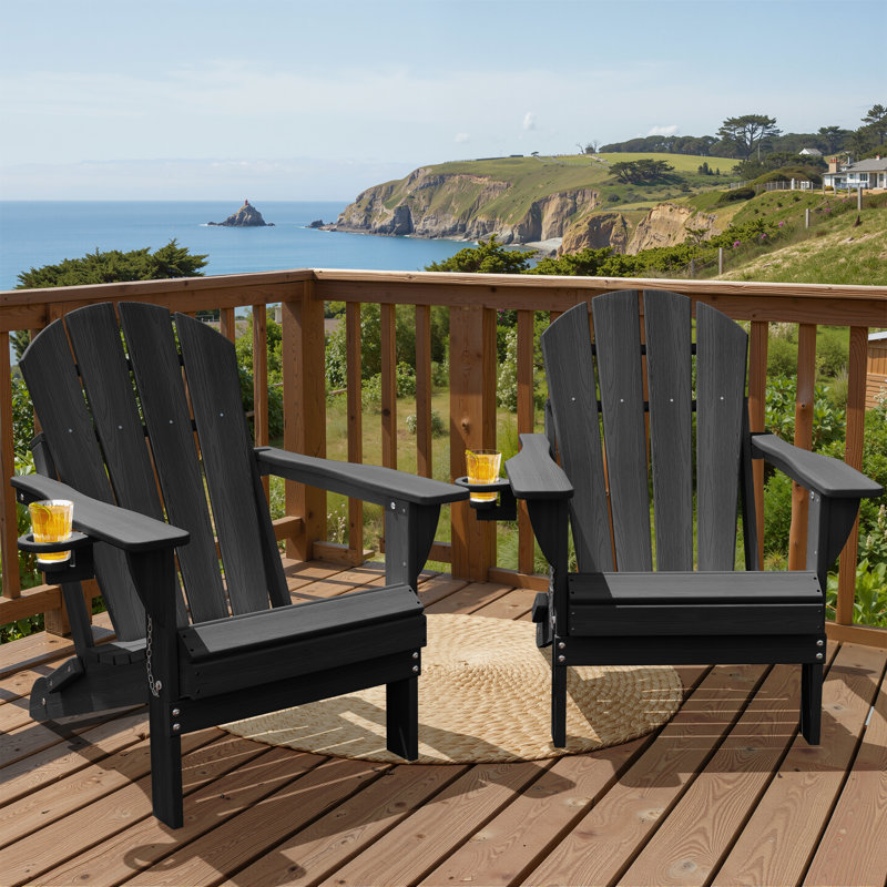Outdoor Adirondack Chair Set Weather-Resistant HDPE Foldable Patio Chair Fire Pit Chair with Cup Holder, Black