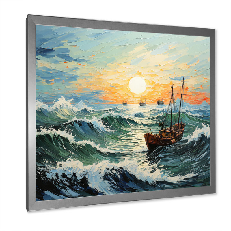 Paysage marin de Vangogh avec pêche I, H 24 po x l 24 po x P 1 po, Cadre simple argenté