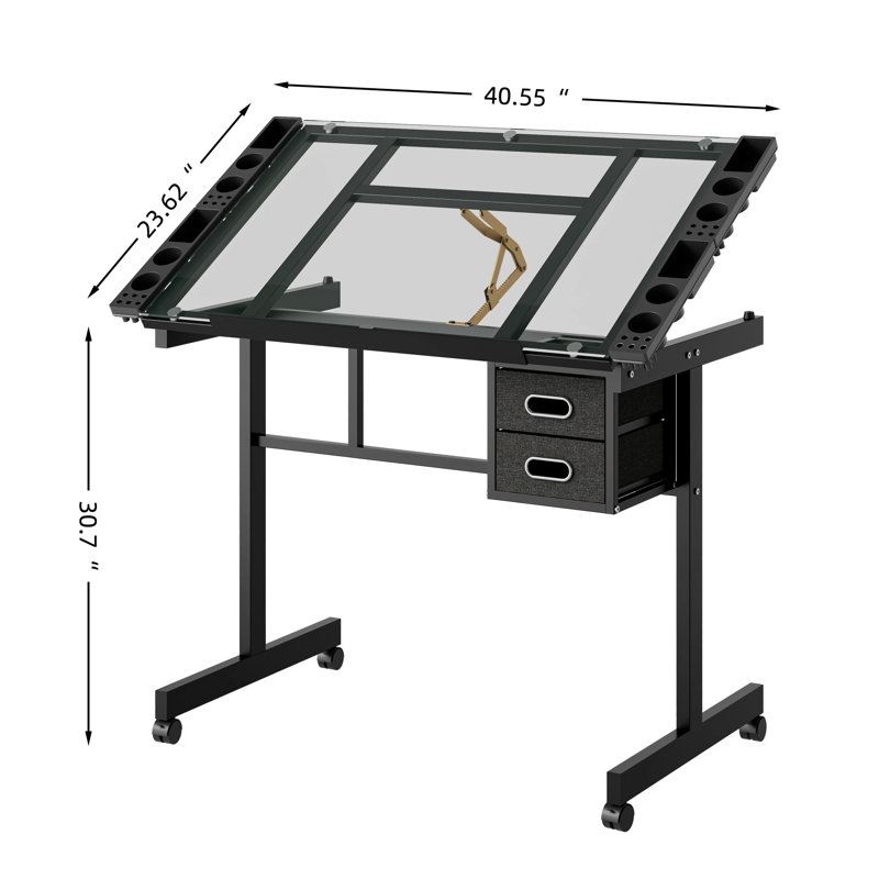 Adjustable Art Desk With Drawers And Wheels, Black