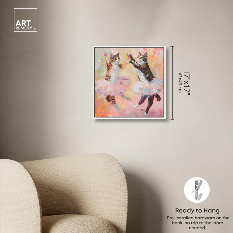 «Spring Cat Ballet Canvas» par Art Remedy, Cadre blanc, H 17 po x l 17 po x P 1,8 po