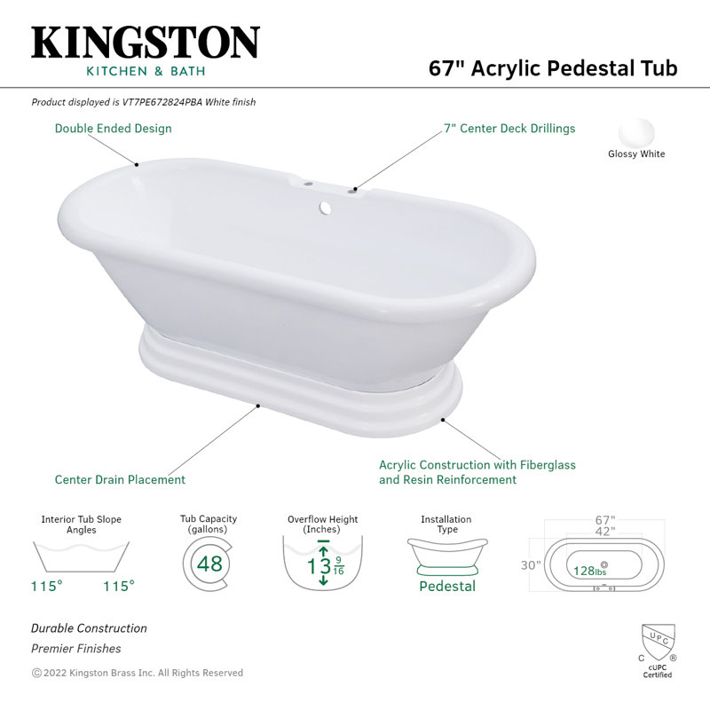 Kingston Brass Aqua Eden 67-Inch Acrylic Oval Double Ended Pedestal Tub (7-Inch Faucet Drillings)