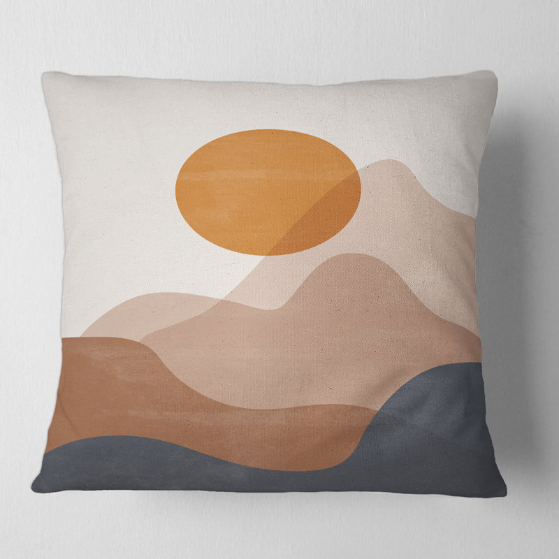 Abstrait lune rouge dans les montagnes aux tons de terre II - Coussin décoratif imprimé moderne, 18" x 18"
