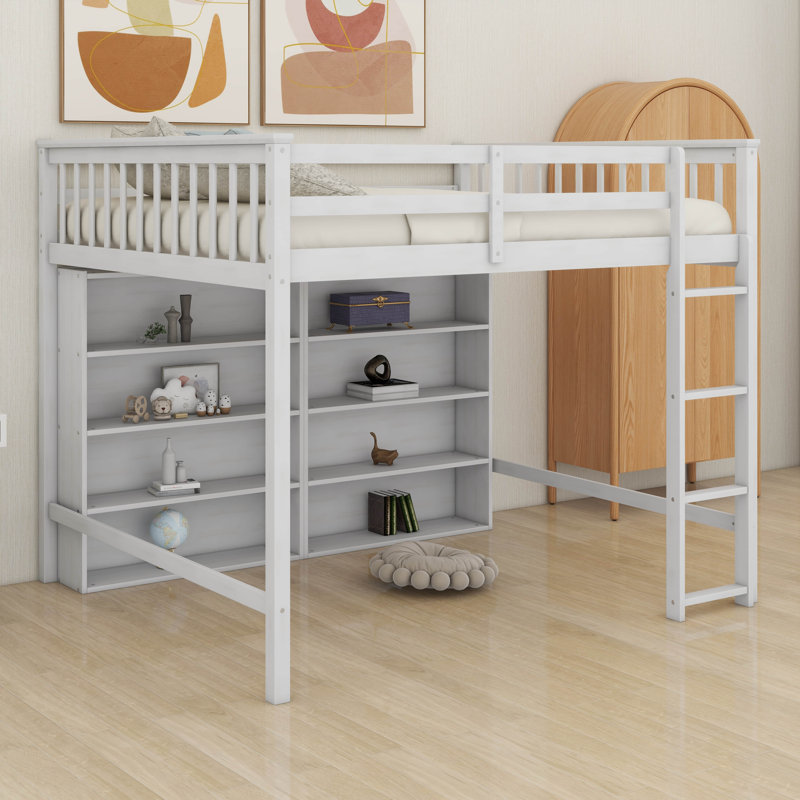 Full Size Loft Bed With Storage, Wooden Loft Bed Frame With 8 Open Storage Shelves And Built-In Ladder, Antique White