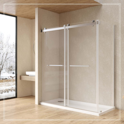 L‑shaped double sliding door, 8mm tempered glass, stainless steel handles, square guide rails,Brushed Nickle