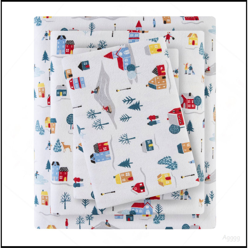 4 PCS Full Printed Sheet Set White Village Print
