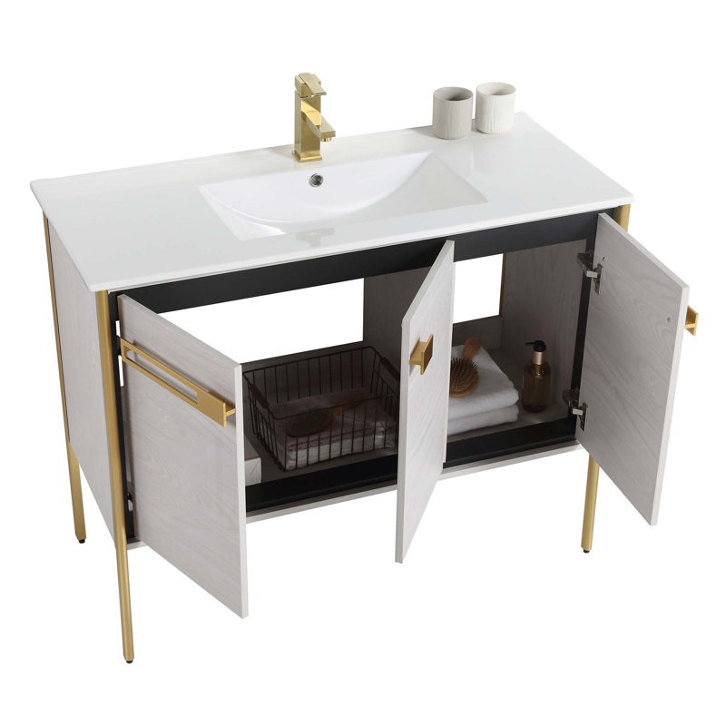 Meuble-lavabo simple 42 po, Laiton satiné, Chêne gris doux