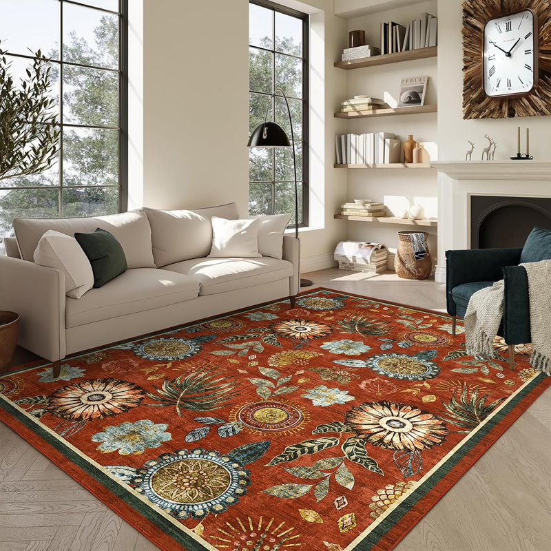 Tapis lavable 8 x 10 avec envers antidérapant en TPR, tapis floraux de style botanique de ferme, revêtement de sol à poils courts et doux, tapis à imprimé pliable antidérapant pour le bureau du salon, rouge