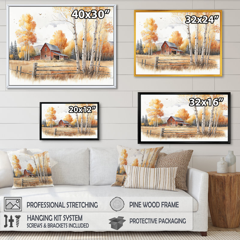«Path To The Barn V» - Art mural sur toile paysage de grange, Cadre flottant doré, H 24 po x l 32 po x P 1 po