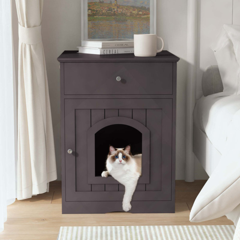 Enceinte de litière en bois pour chat avec tiroir de rangement, maisonnette multifonctionnelle pour animaux, Brun