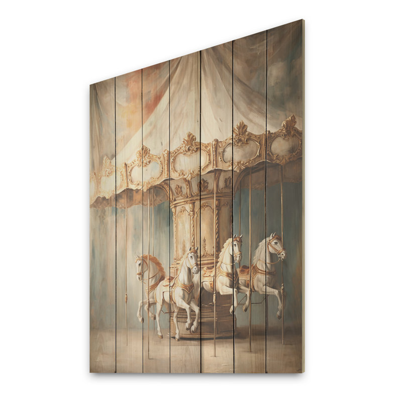 Beige Merry Go Round Carousel - Carousel On Wood Print, 44" H x 34" W