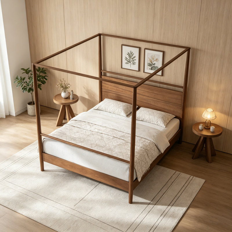 Structure de lit à baldaquin en bois massif très grand lit, lit plateforme à 4 colonnes avec support à lattes renforcées, aucun sommier requis