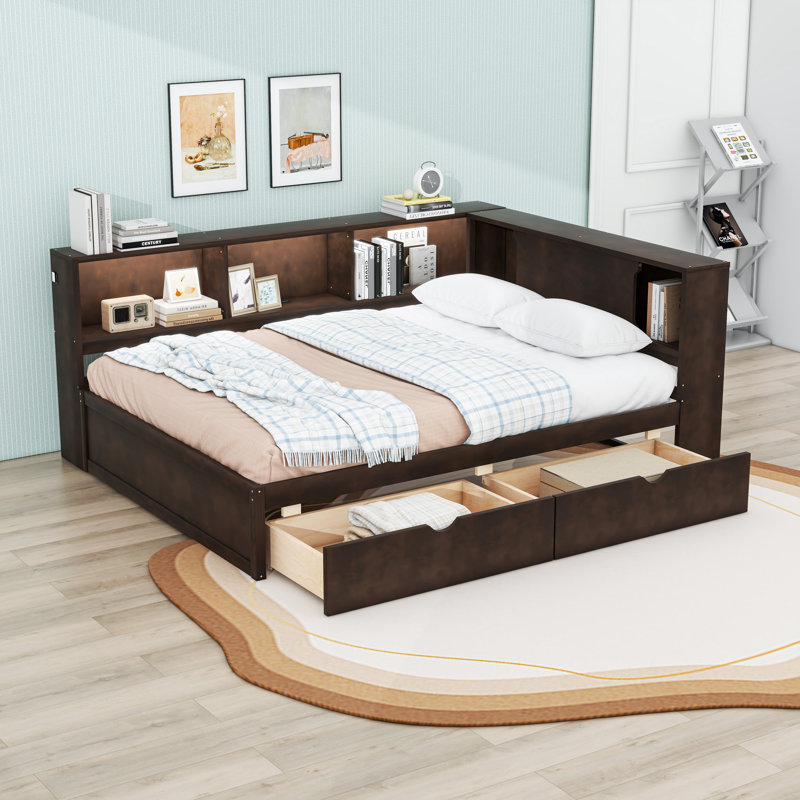 Queen Wood Daybed with Charging Station, 2 Drawers, LED Light and Shelves, Brown