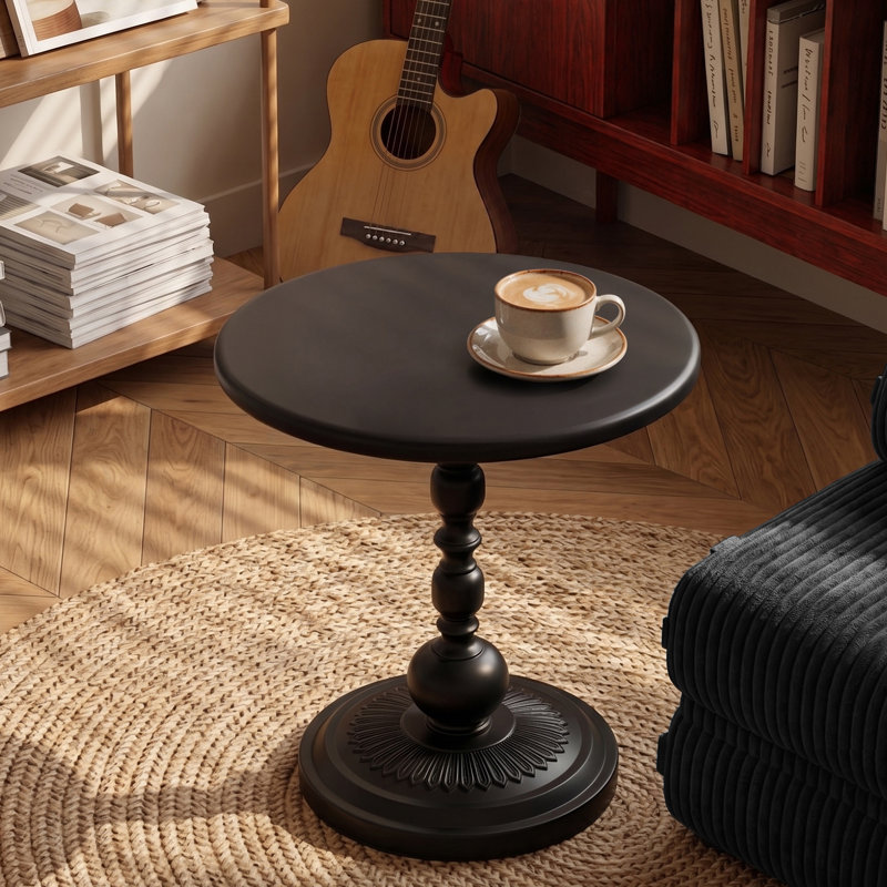 Vintage Round Wrought Iron End Table For Bedroom And Living Room, Black