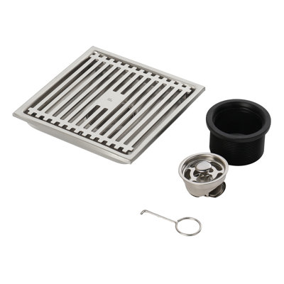 FINE FIXTURES Square Shower Floor Drain, Slotted Grate Design, 10-Gauge 304 Stainless Steel, Center Outlet, Fast Drainage, Hair Strainer Included